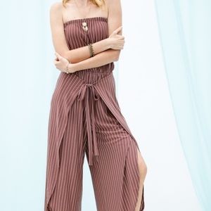 Strapless jumpsuit slit legs wrap front
